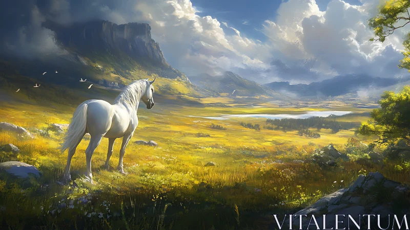 White horse surveys luminous alpine valley in digital painting