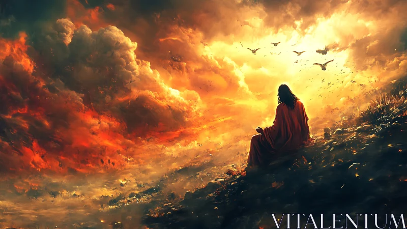 Solitary robed figure under fiery stormlit sky at dusk.