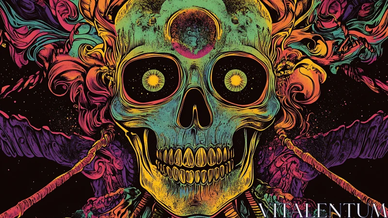Psychedelic neon skull amid swirling cosmic flames.