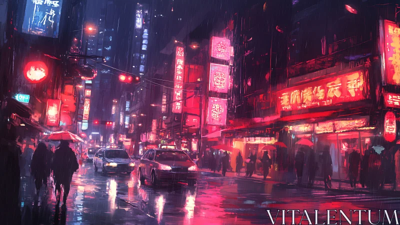 Neon-soaked urban street renders cinematic rainy night scene