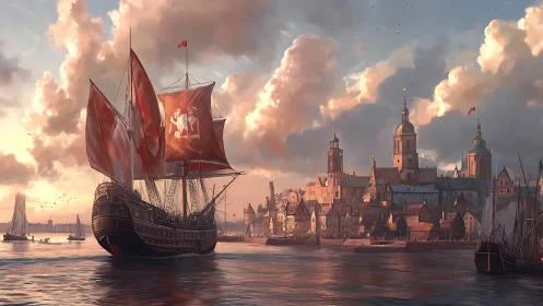 Large sailing vessel departs fortified harbor under soft light