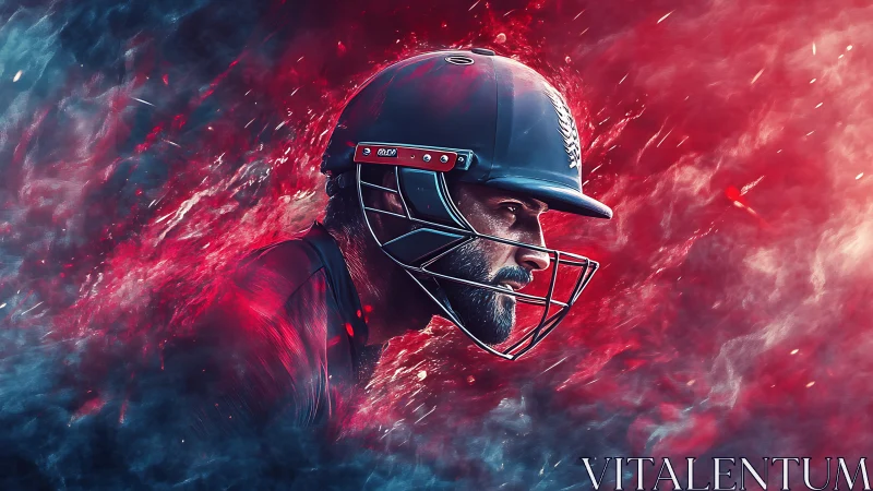 Cricket batsman in helmet rendered amid dynamic red vapor