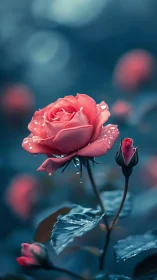 Macro study of dew-laden rose under cool bokeh lighting.