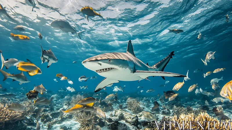 Curious reef shark gliding through a sunlit coral playground.