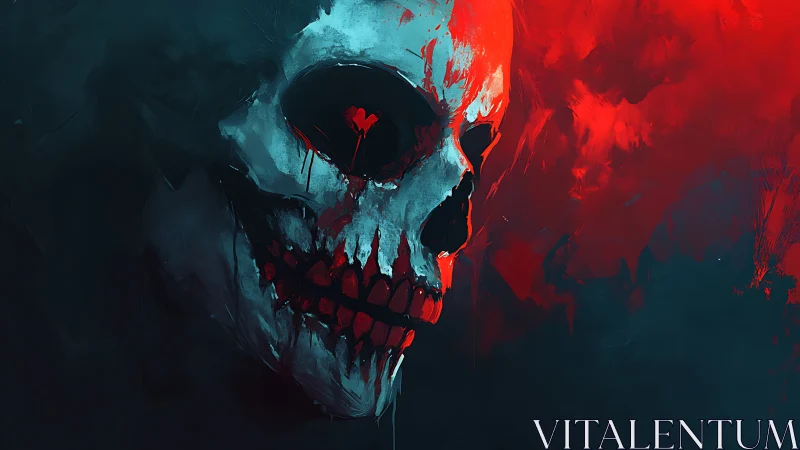 Digital painting of flaming skull in high-contrast chiaroscuro.