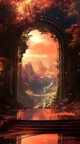 Fiery archway reveals a luminous fantasy valley beyond.