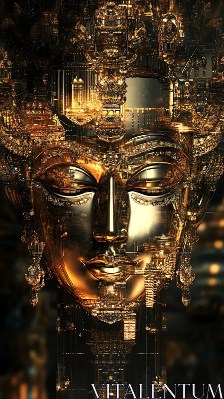 Golden cybernetic deity face with intricate mech temples.