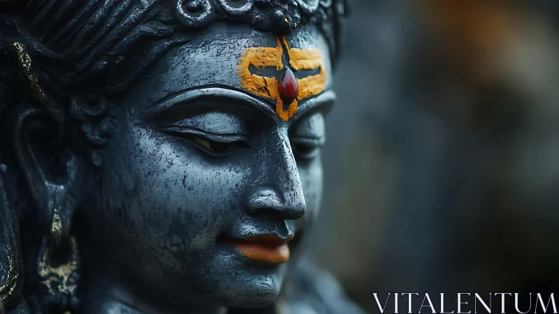 Close-focus portrait of weathered metallic deity sculpture surface