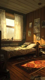 Golden hour bedroom nook steeped in nostalgic quiet warmth.