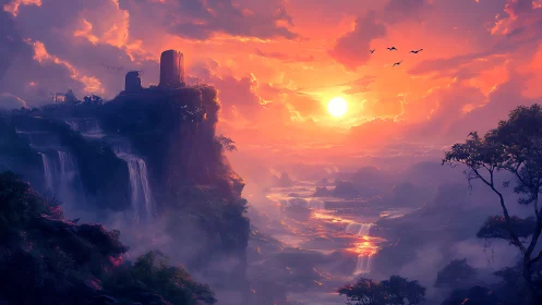 Sun-forged falls over misty cliffs in a dreamlit realm.