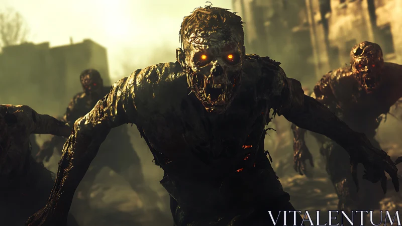 Zombies advance through ruined urban environment at dusk