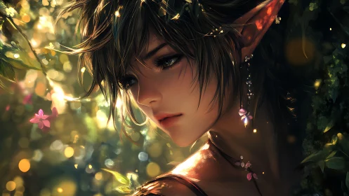 Softly glowing forest elf gazes into golden woodland light