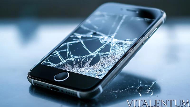 Photorealistic close-up of smartphone with shattered glass screen.