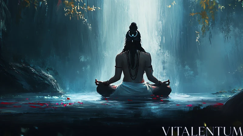 Figure meditating before waterfall in shaded forest pool.