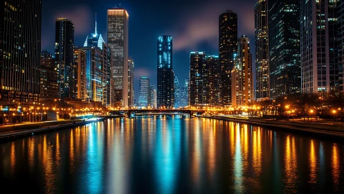 Symmetrical night cityscape with high-rise skyline and reflective river lights