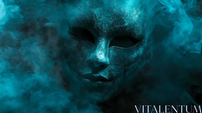 Oxidized metallic mask emerges through dense cyan atmospheric fog