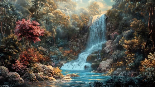 Lush forest waterfall with layered rocks and bright foliage.