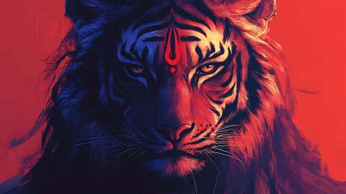 Fierce spirit tiger gazes forward in glowing red and blue light