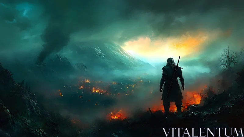 Lone warrior quietly watches a burning valley at sunrise