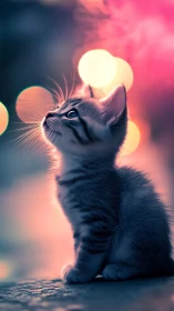 Kitten Gazing Upward at Glowing Lights.