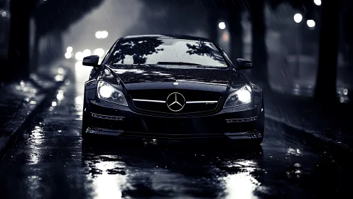 Rain-soaked sports coupe advances through a cinematic night street