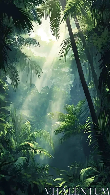 Tropical forest interior with vertical palm fronds and light diffusion