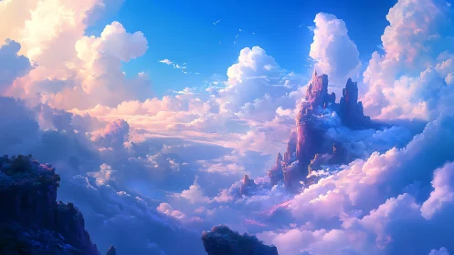 Celestial cloudscape envelops ethereal floating mountain spires