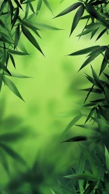 Serene bamboo leaves frame a soft green tranquil backdrop