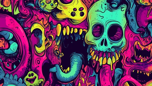 Neon skull cluster with dripping monster forms and chaotic linework