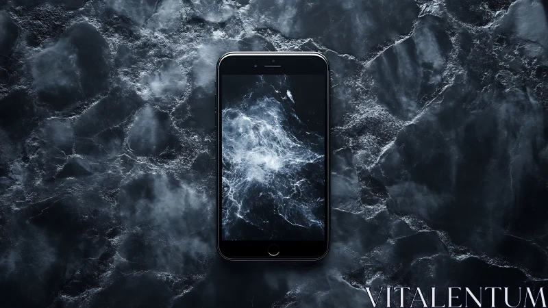 Smartphone on dark marble with abstract liquid display.