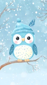 Cozy blue winter owl perched happily in soft falling snow.