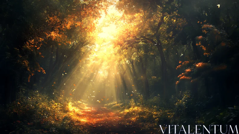 Sunlit autumn forest path under radiant golden canopy.