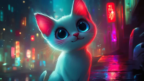 Cute white cartoon kitten in neon lit rainy city street.
