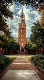 Symmetrical view shows brick clock tower framed by trees