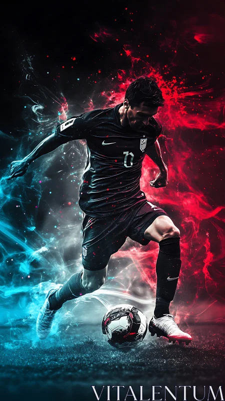 Football player dribbles ball amid red and blue light effects