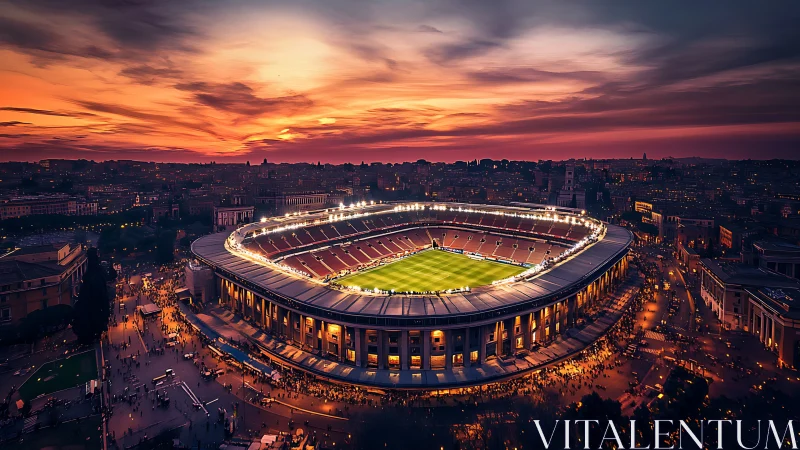 Sunset aerial panorama of illuminated urban football stadium.