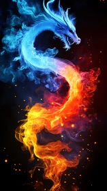 Fiery blue and orange elemental dragon swirling in darkness.
