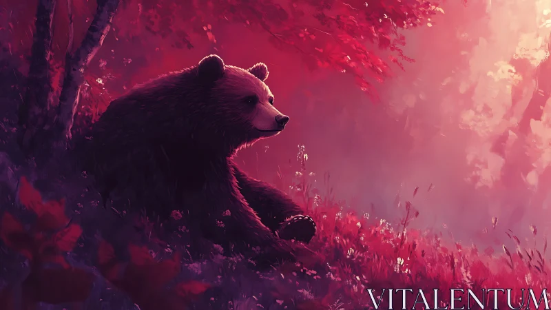 Softly rim lit bear observes crimson forest in diffuse glow