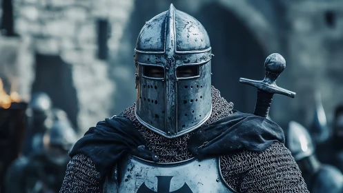 Medieval armored knight with great helm in stone courtyard.