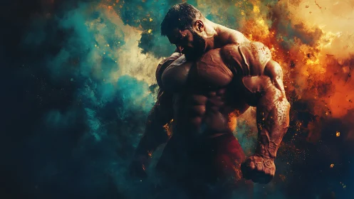 Powerful muscular hero rising from swirling cosmic fire.