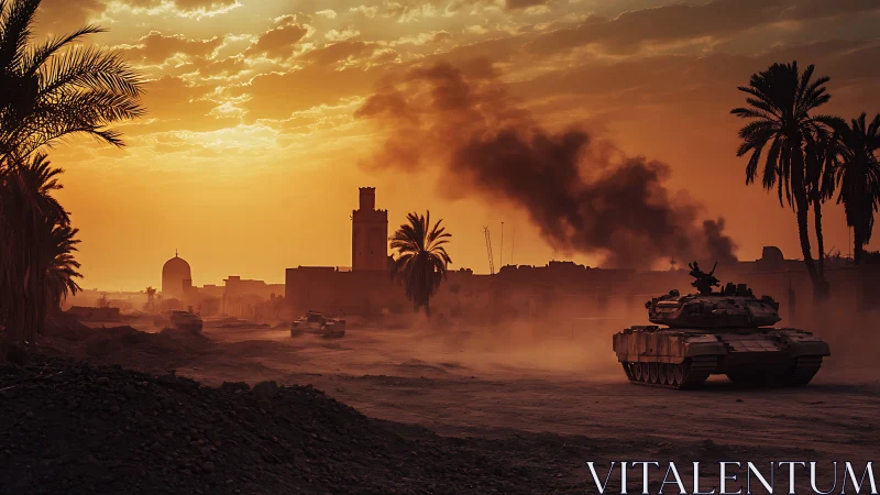 Battle tank advances through dusty desert city at sunset.