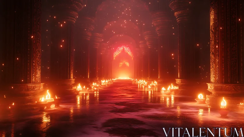Fiery temple corridor glows with endless ceremonial lights.
