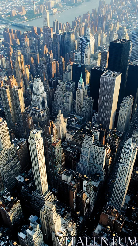 High-altitude oblique aerial of dense Midtown Manhattan skyline