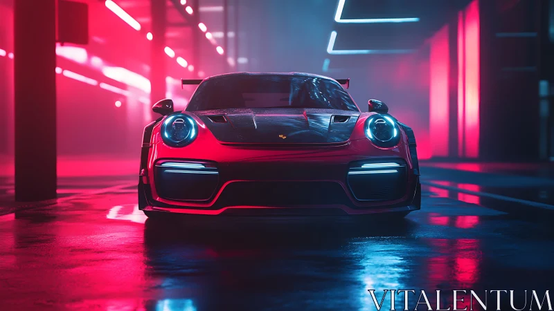Neon-lit sports car stands poised in a futuristic city garage.