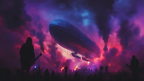 Steampunk airship over concert crowd in neon magenta haze