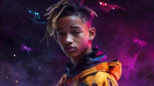 Young person in yellow jacket against neon vapor backdrop.