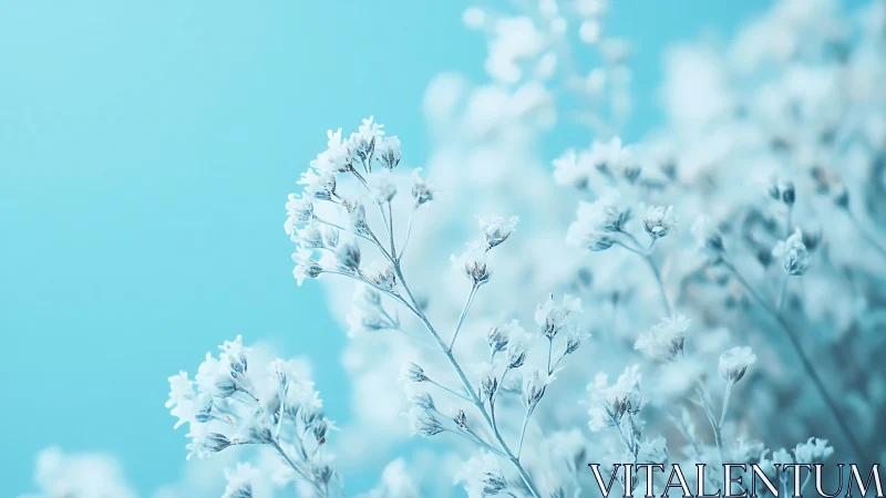 Delicate white baby's breath flowers against soft cyan sky backdrop.