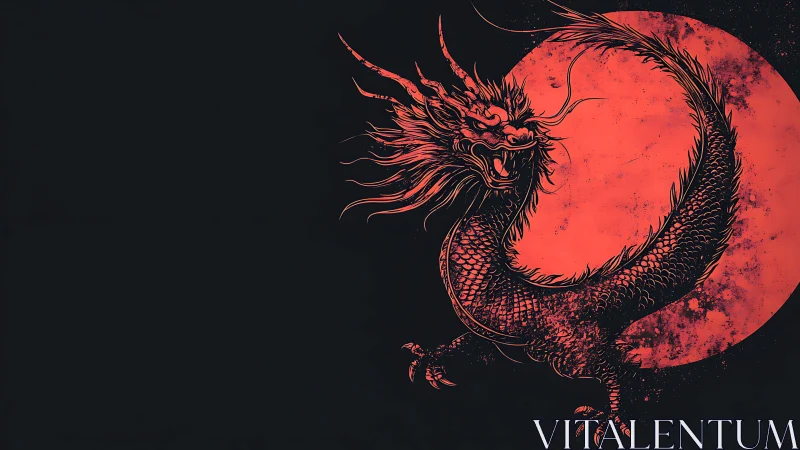 Scarlet lunar dragon coils before burning blood moon.