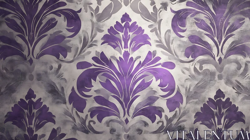 Purple damask floral pattern on textured gray background.