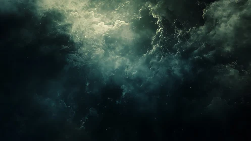 Storm-lit cosmic clouds swirl through a darkened void.